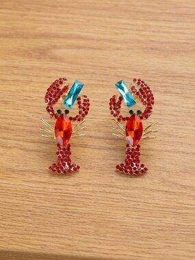 NEW Women's Large Earrings Colorful Sparkling Rhinestones Design Red Lobster